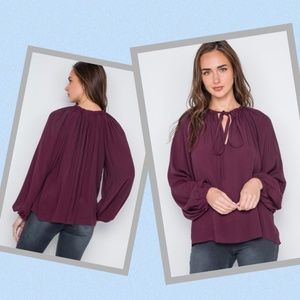 Burgundy Top Blouse Long Sleeve Tie Neck Front L